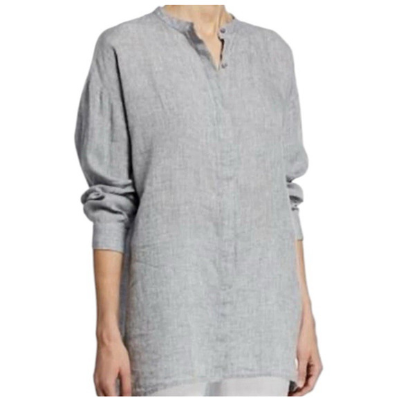 Eileen Fisher Organic Linen Cotton Tunic Shirt XL Gray Stripe Lagenlook Minimal - Picture 2 of 15